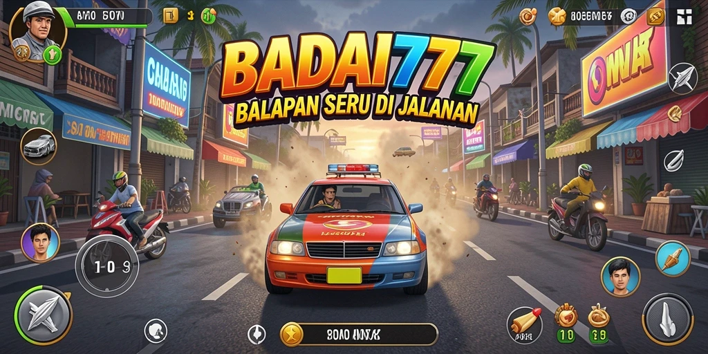 Screenshot utama BADAI777 menampilkan aksi balapan yang mendebarkan.