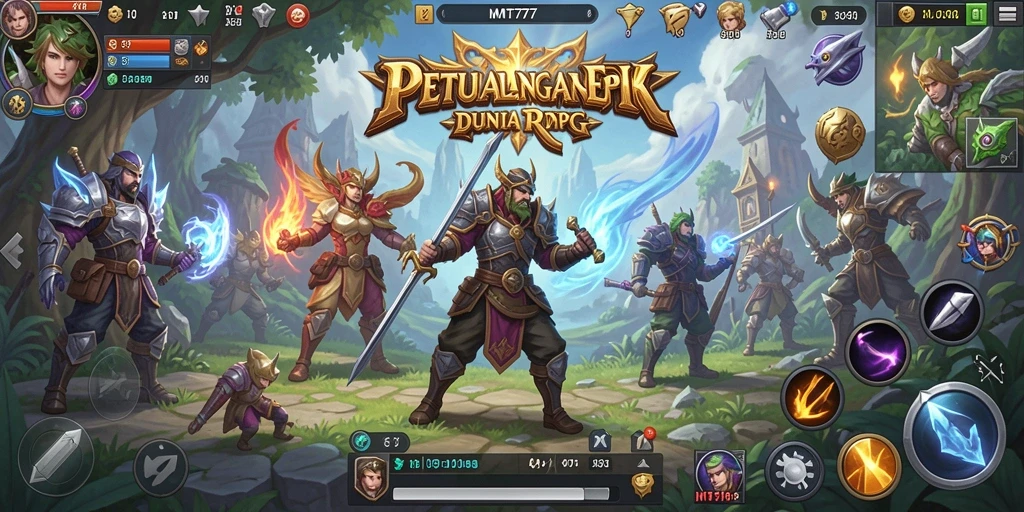 Screenshot gameplay MT777 menampilkan pertempuran epik di dunia RPG.