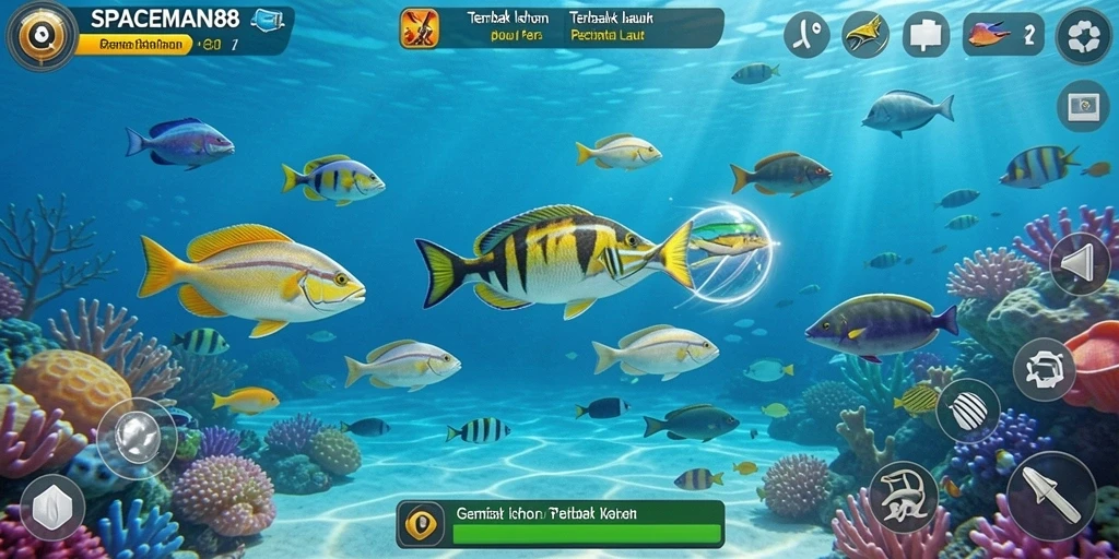 Tangkapan layar menunjukkan gameplay seru SPACEMAN88 saat menangkap ikan.