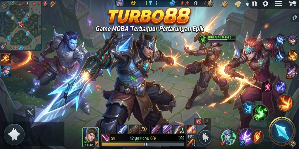 Tampilan gameplay TURBO88 yang seru dengan aksi MOBA yang mendebarkan.